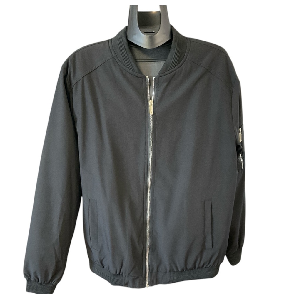 Fashion Nova Men's Black Bomber Jacket with Silver Zipper